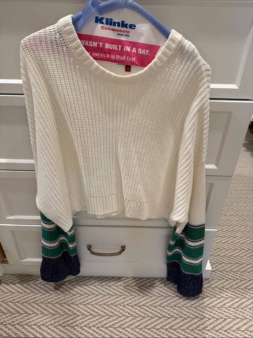 Staud Cream Knit Sweater with Green & Navy Striped Cuffs